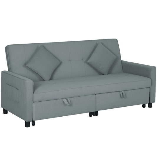 Grey velvet three-seater sofa bed, shown as everyday seating and converted into a guest bed