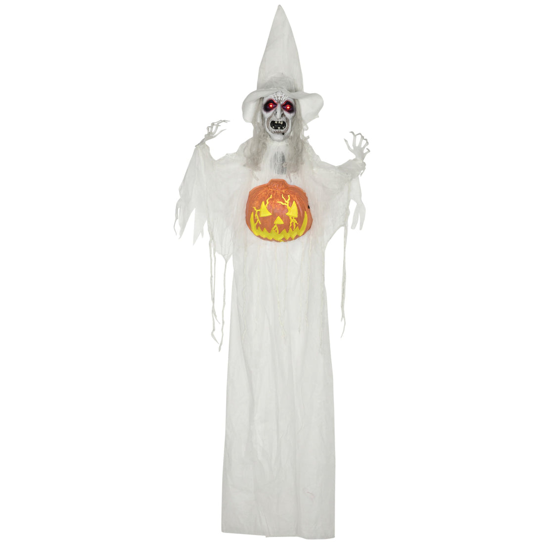 A life-size hanging witch decoration with a glowing pumpkin, positioned in a covered doorway for Halloween.