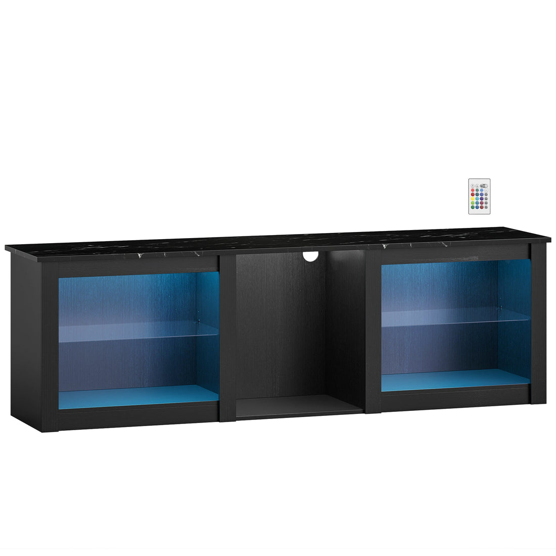 A 160 cm black TV stand with RGB LED lighting, glass shelves and a marble-effect top, holding a television and media equipment