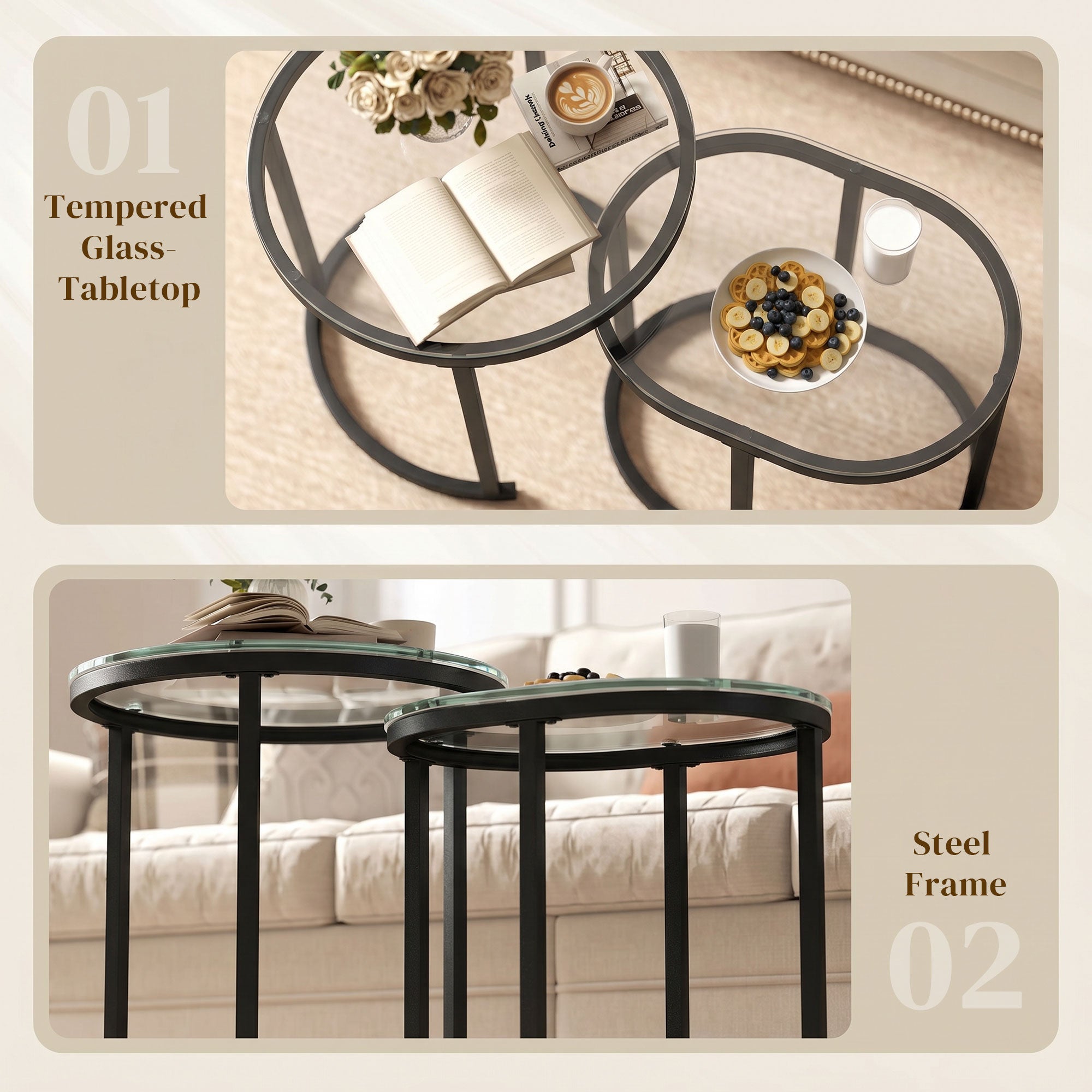 Nest of Tables with Steel Frame and Tempered Glass Tabletop, Modern Coffee Table Set of 2, Black