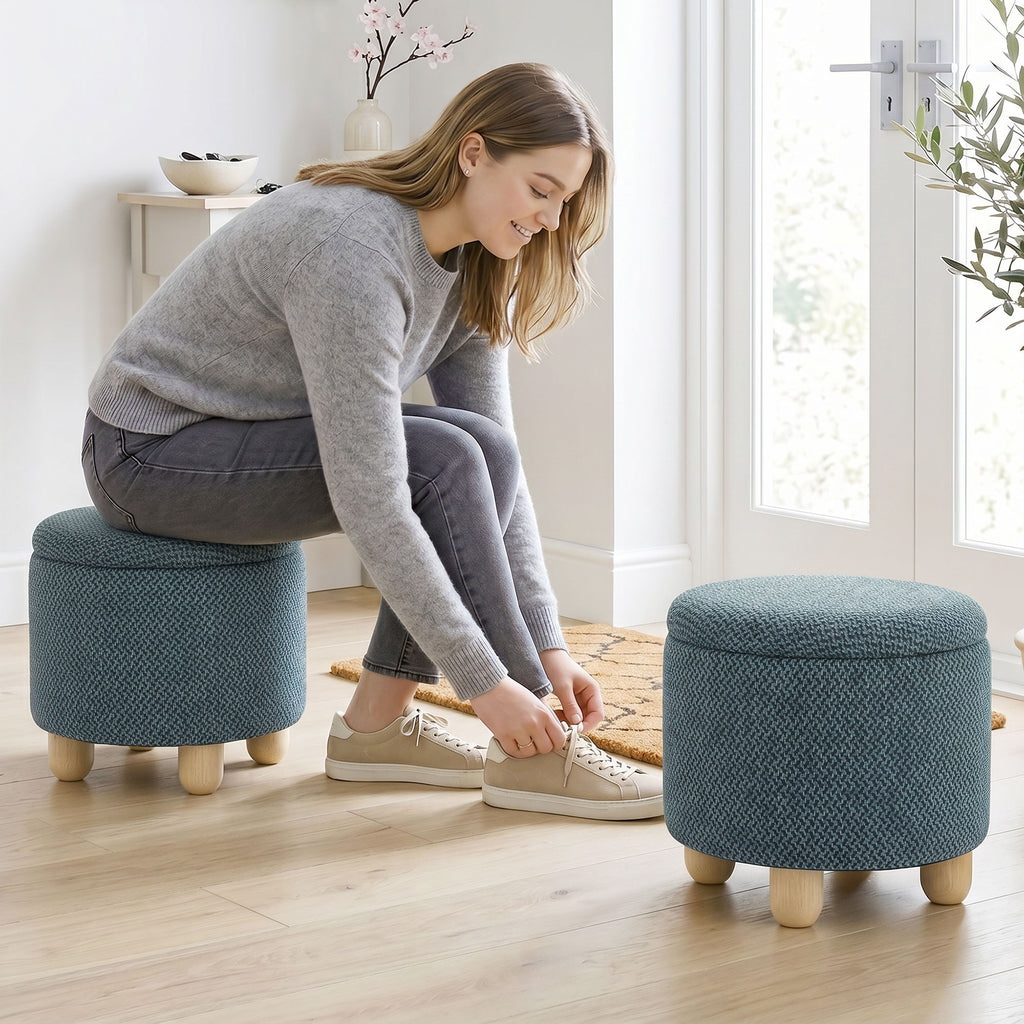 Storage Sitting Bench with Lid, Round Storage Ottoman with Rubberwood Legs, Dark Blue