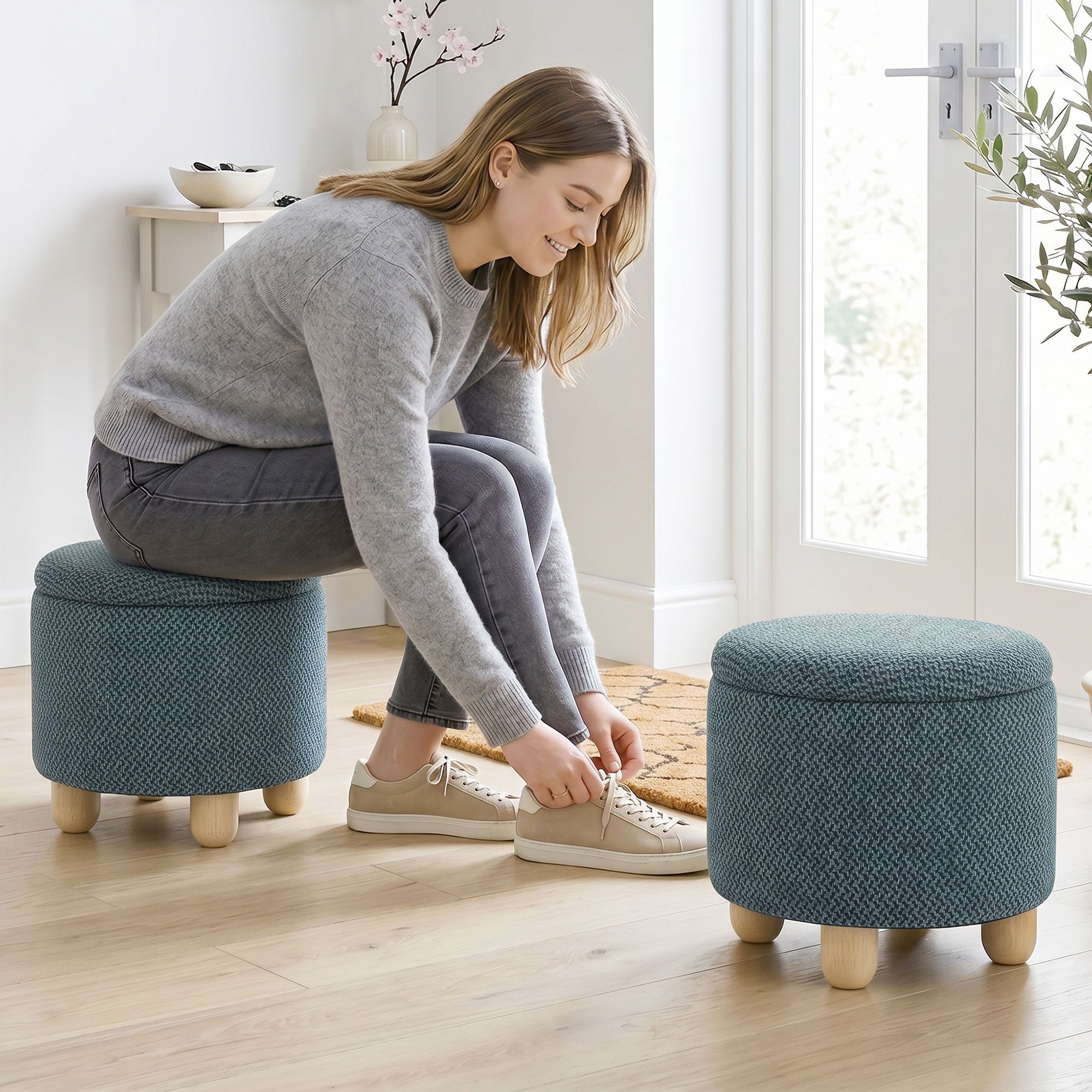 Storage Sitting Bench with Lid, Round Storage Ottoman with Rubberwood Legs, Dark Blue