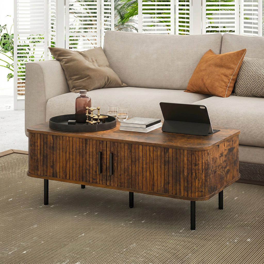 Coffee Table with Storage, Living Room Table with Slatted Tambour Sliding Doors and Adjustable Foot Pads, Rectangular Coffee Table with Elevated Base for Living Room, Rustic Brown