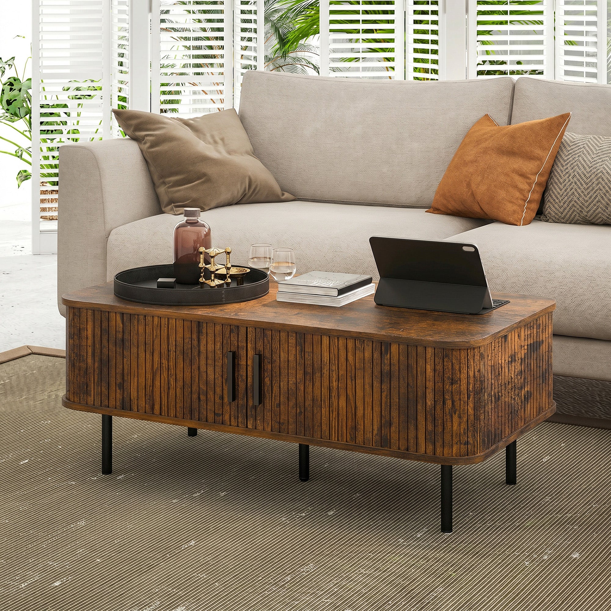 Coffee Table with Storage, Living Room Table with Slatted Tambour Sliding Doors and Adjustable Foot Pads, Rectangular Coffee Table with Elevated Base for Living Room, Rustic Brown
