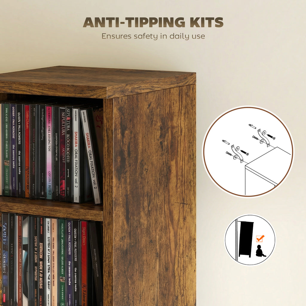 Set of 2 CD Media Display Shelf Unit Tower Rack with Adjustable Shelves, Rustic Brown