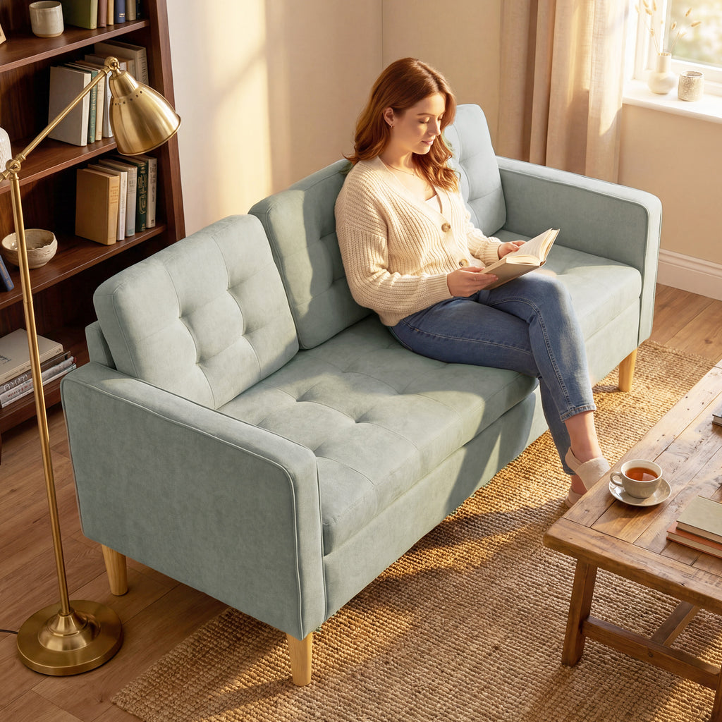 3 Seater Sofa, 169cm Couch with Hidden Storage, Wood Legs, Light Grey