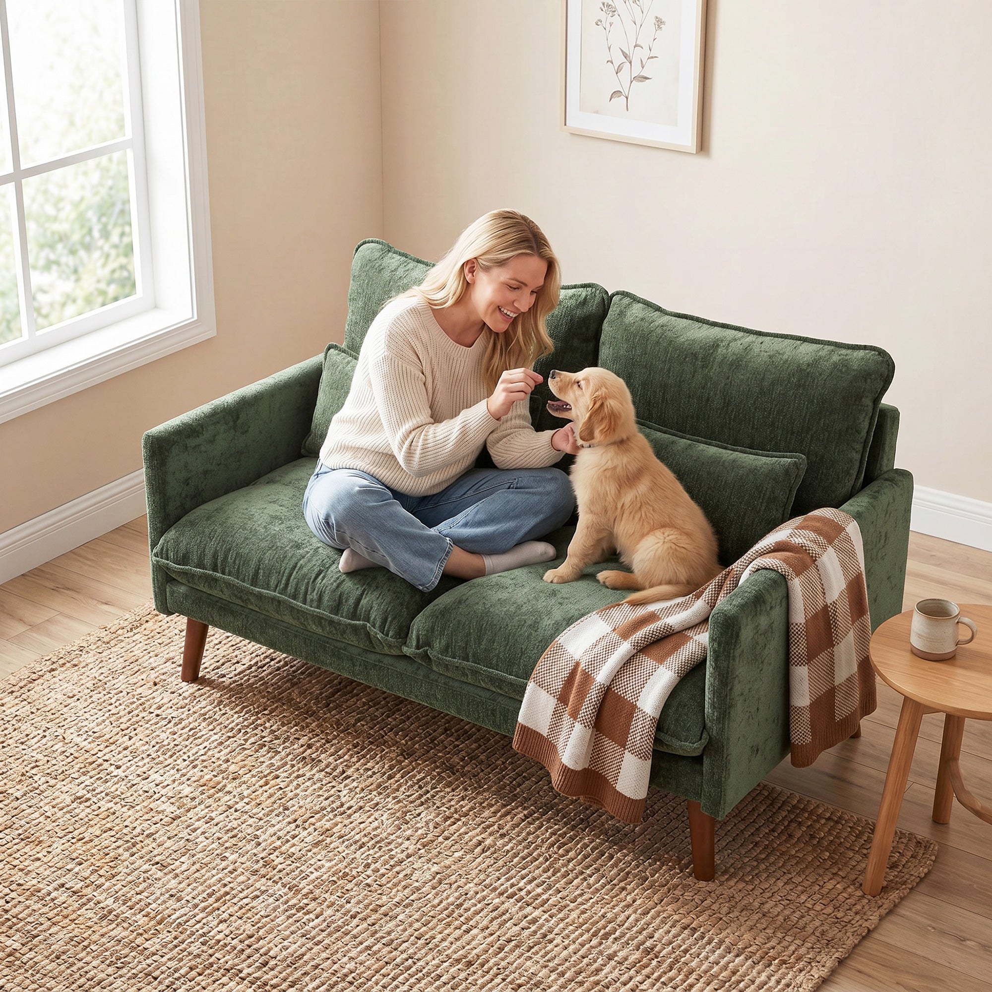 2 Seater Sofa, Loveseat Sofa with Spring Cushions, Wide and Deep Seat, Wood Legs, Green