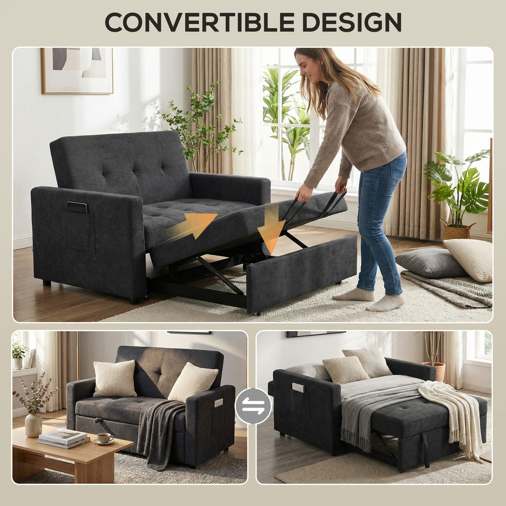 Loveseat Sofa Bed, Convertible Bed Settee with 2 Pillows, Side Pockets, Black