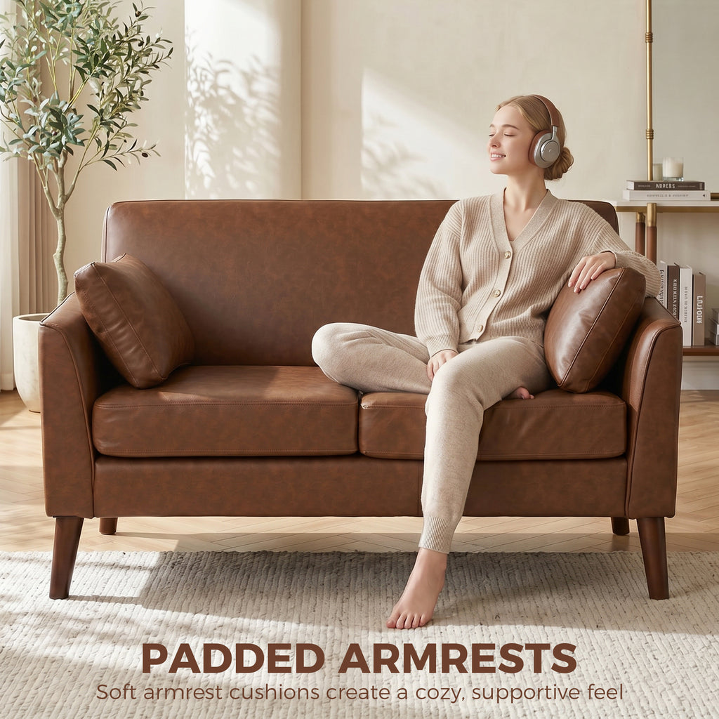 2 Seater Sofa, 132 cm Modern Small Sofa with Solid Wood Legs and 2 Pillows for Small Space, Brown