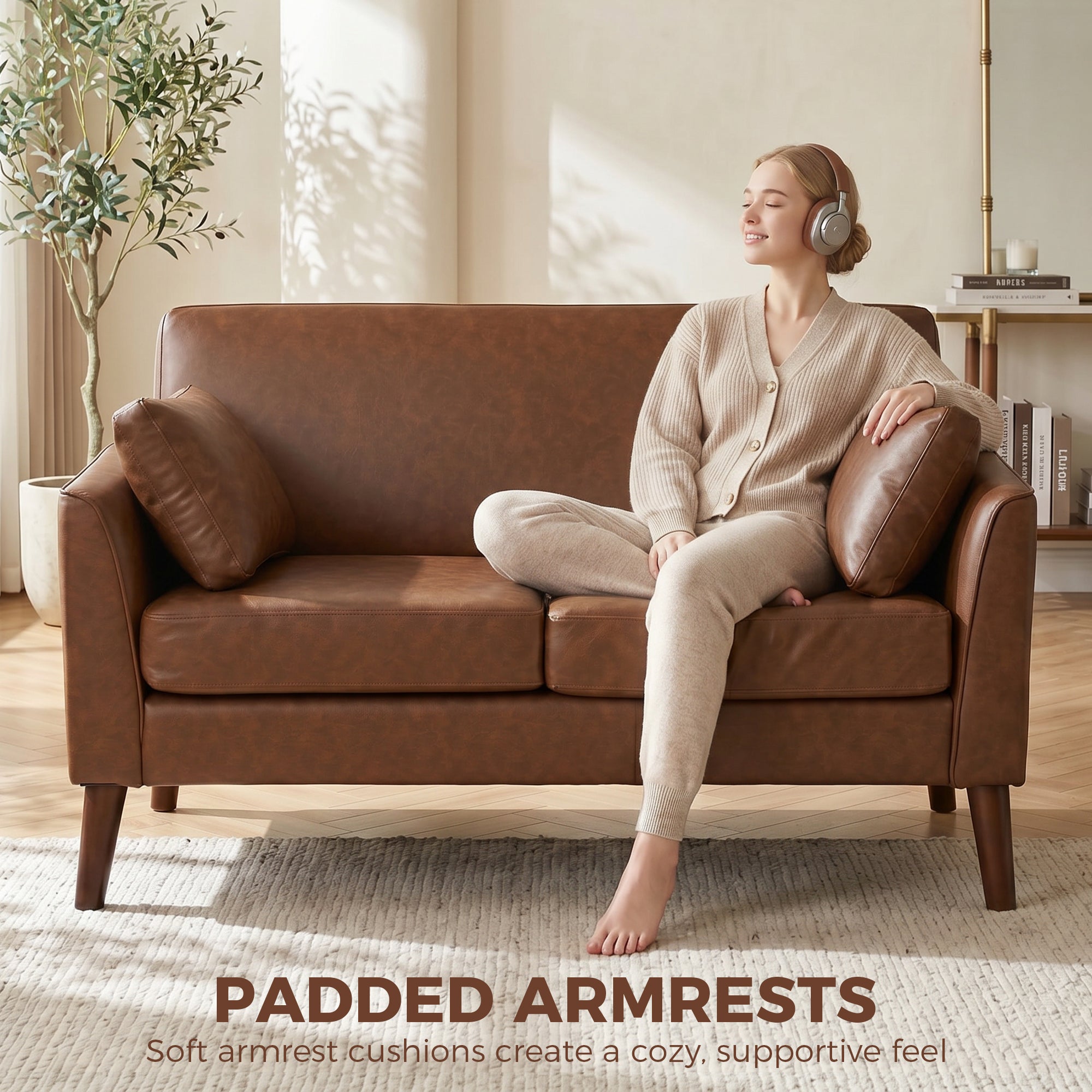 2 Seater Sofa, 132 cm Modern Small Sofa with Solid Wood Legs and 2 Pillows for Small Space, Brown