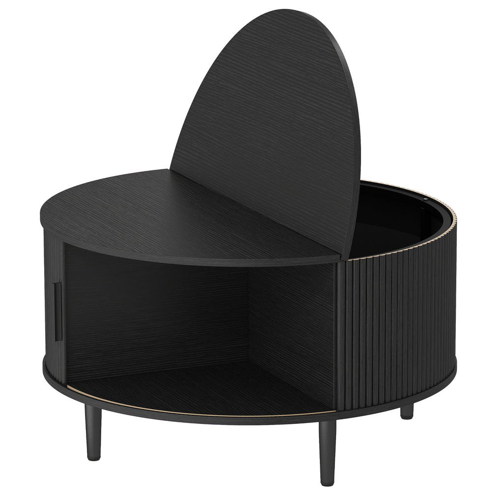 Coffee Table with Lift Top and Hidden Storage, Round Centre Table with Fluted Sliding Door, 80 cm, Black Wood Effect