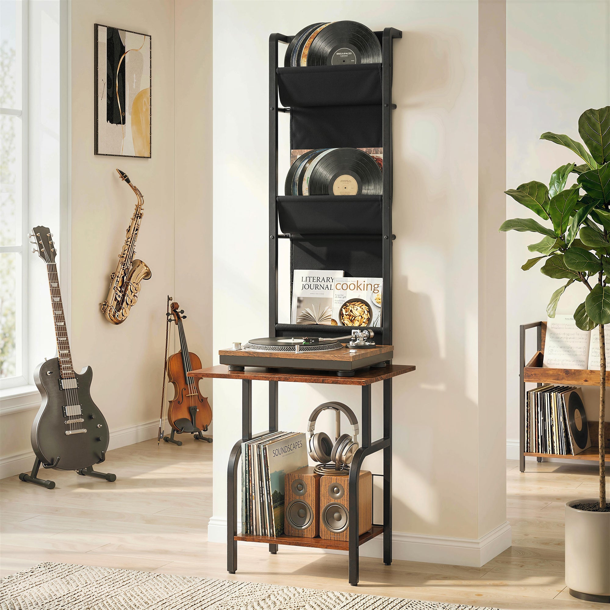 Vinyl Record Player Stand Record Storage with Player Stand Oxford Fabric Pockets Bottom Shelf Rustic Brown and Black