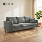 3 Seater Sofa with Wide Seat, Corduroy Fabric Couch with Deep Seat, Spring Cushion, Light Grey