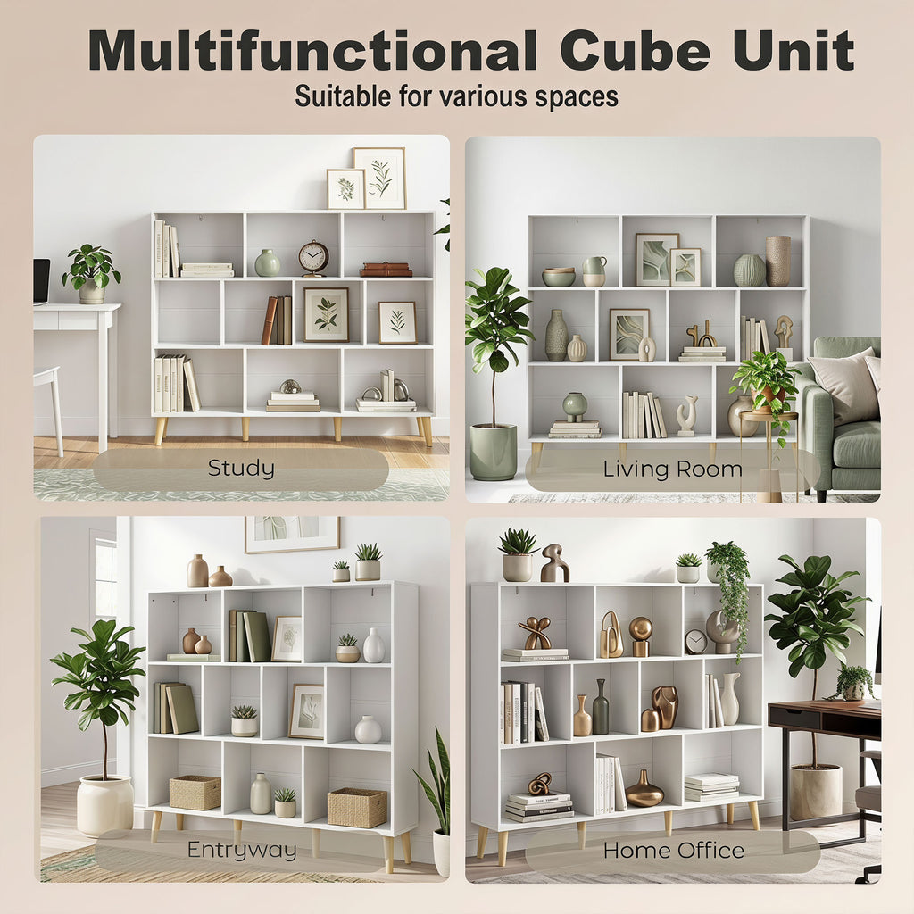 10-Cube Bookcase, 3-Tier Book Shelf with Solid Wood Legs, 140 cm Modern Bookshelf with Anti-Tip Kit for Bedroom, White