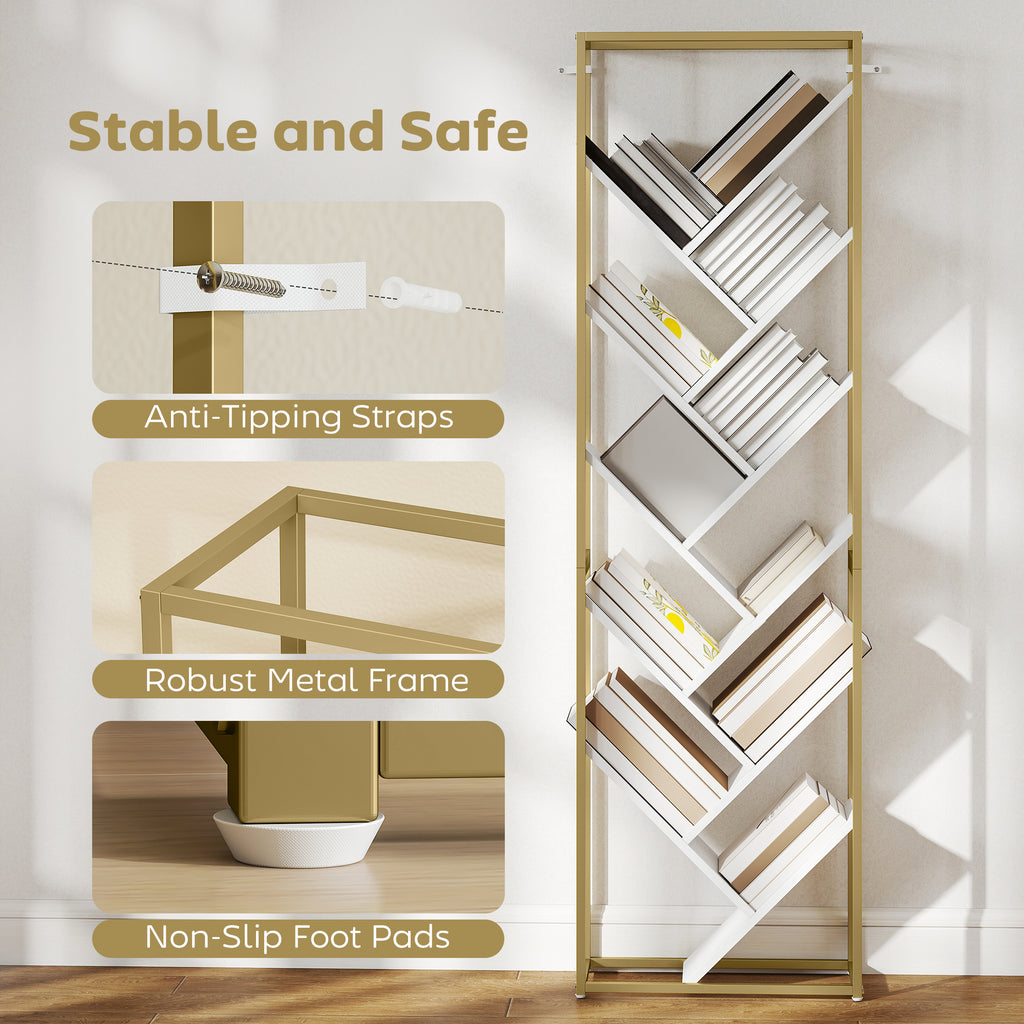 10 Shelf Modern-Style Bookshelf - Gold Tone/White