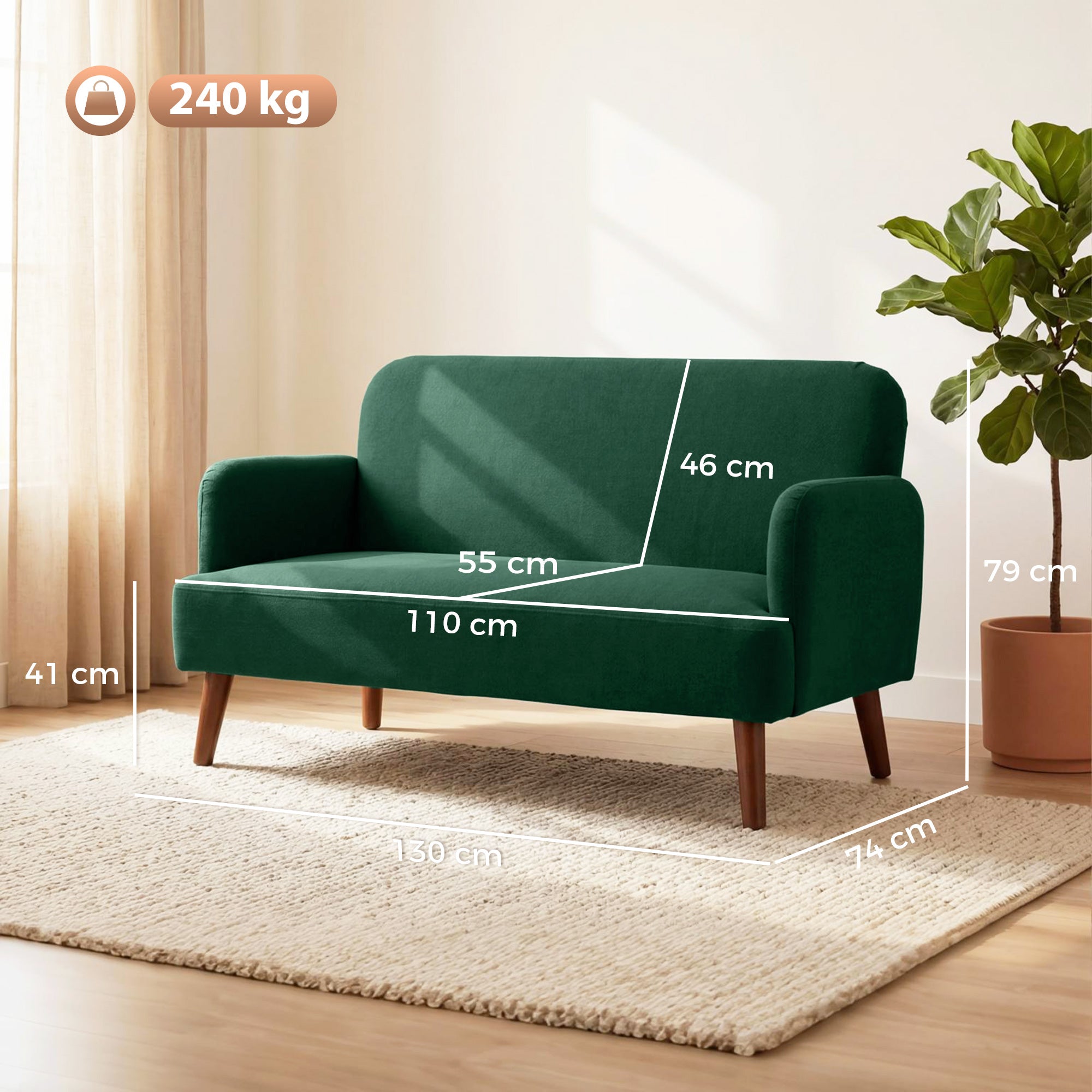 Velvet Feel Fabric 2 Seater Sofa, Small Sofa Loveseat with 21cm Thick Padding and Wood Legs, Dark Green
