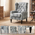 Faux Linen Armchair with Thick Spring Cushion, Wingback Accent Chair with High Back, Solid Wood Legs, Mixed Plaid