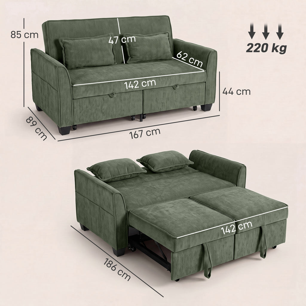 2 Seater Sofa Bed, 4-in-1 L-Shaped Convertible Pull-Out Sleeper Sofa with Adjustable Backrest Side Pockets, Dark Green