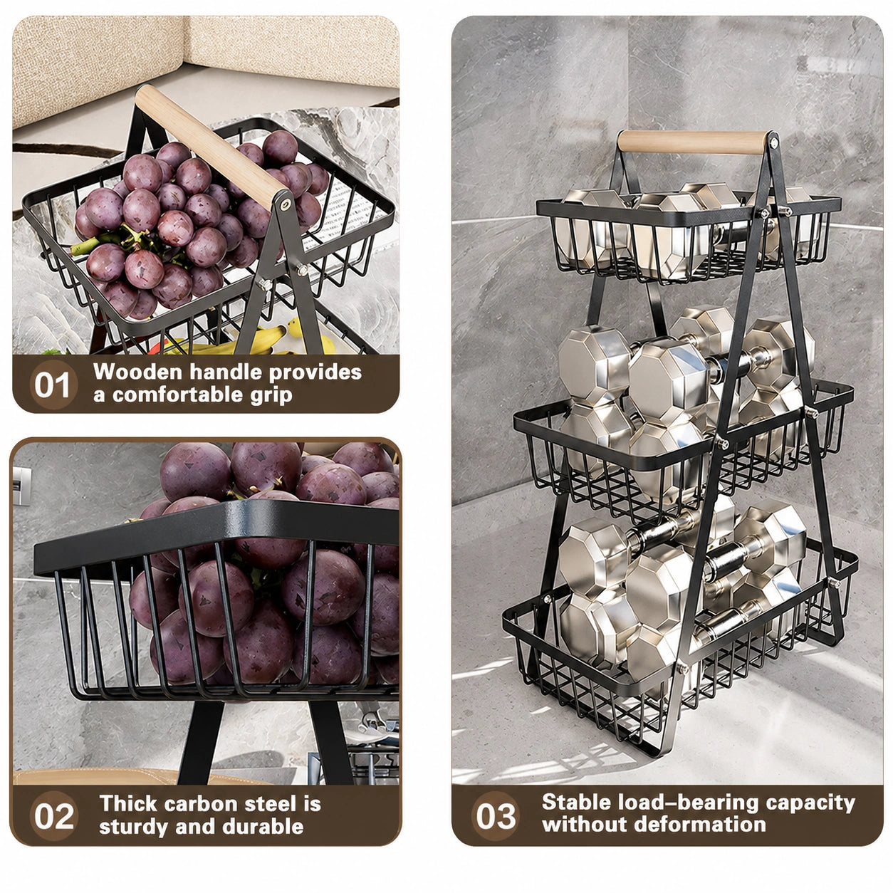 2 & 3 Tier Metal Fruit Basket Stand | Kitchen Countertop Bread & Vegetable Organizer