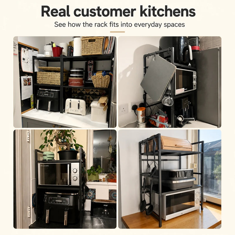 Expandable microwave stand in customer kitchen setups