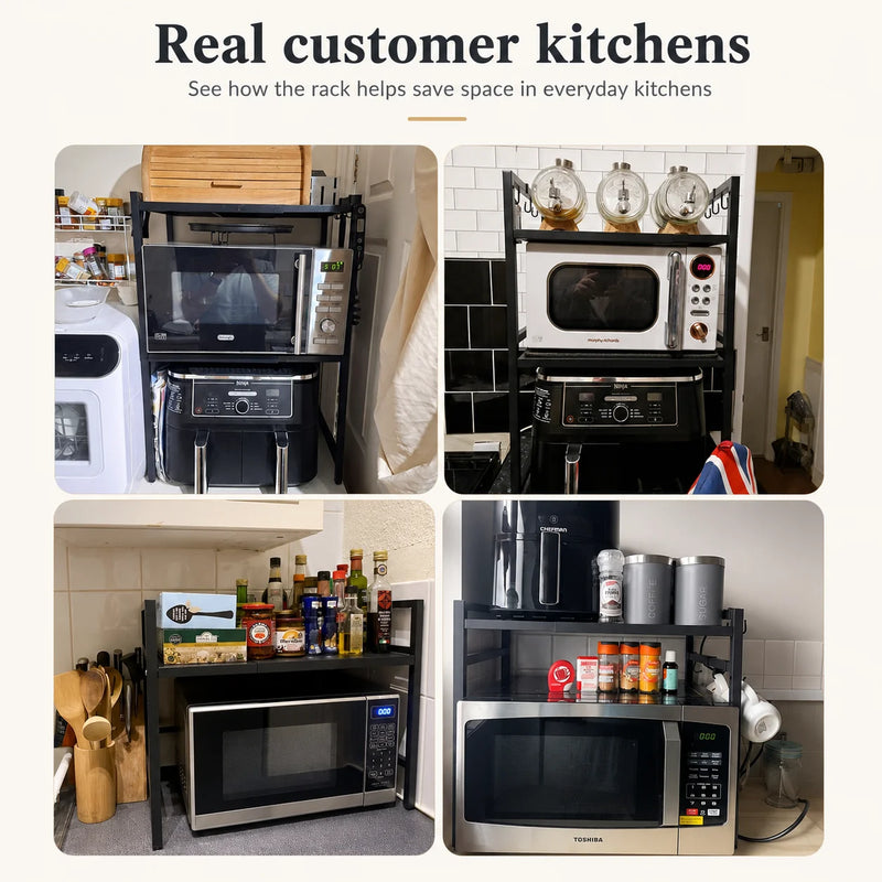 Space-saving microwave rack in real customer kitchens