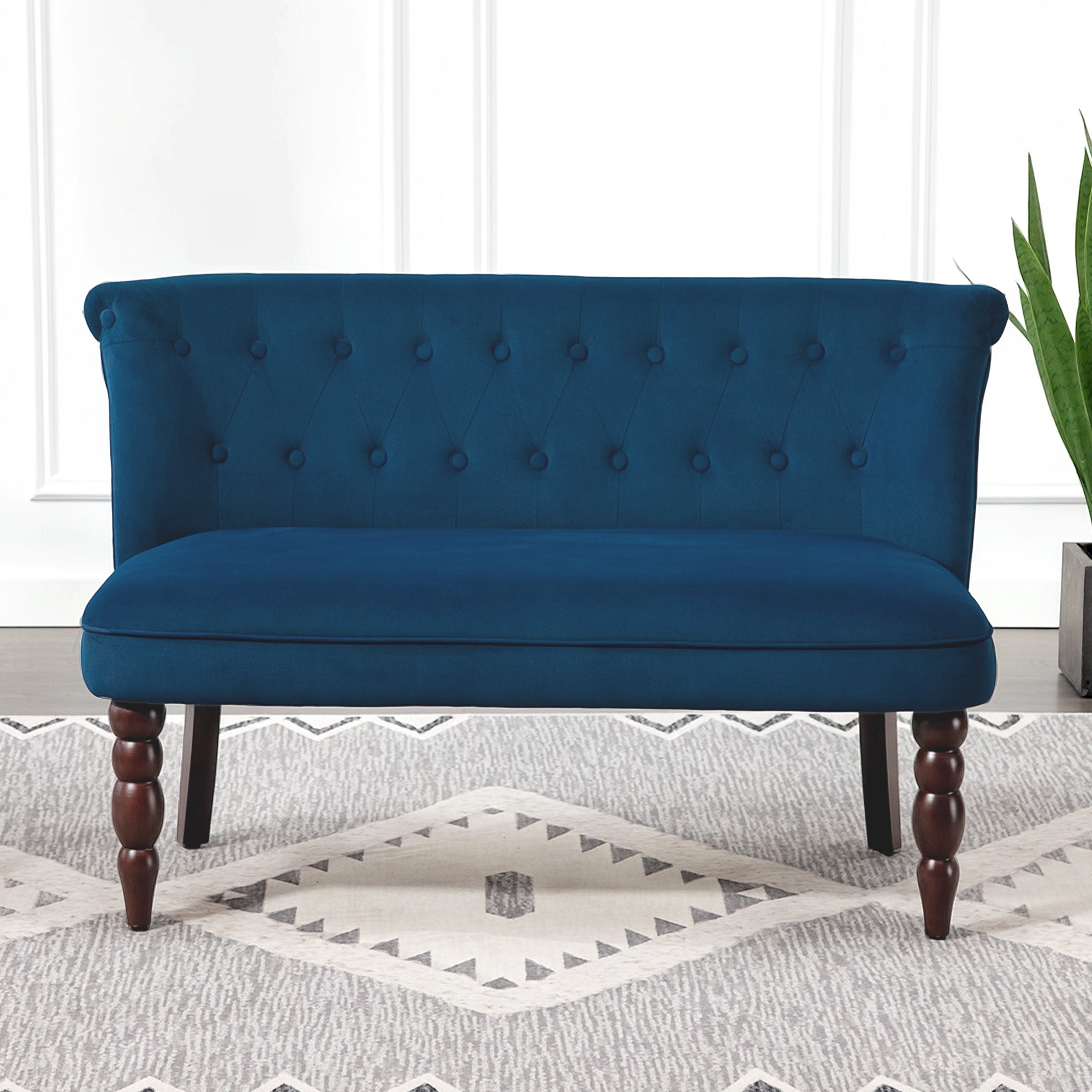 Velvet 2 Seater Sofa, Button Tufted Wingback Loveseat with Rubber Wood Legs for Living Room, Bedroom, Dark Blue