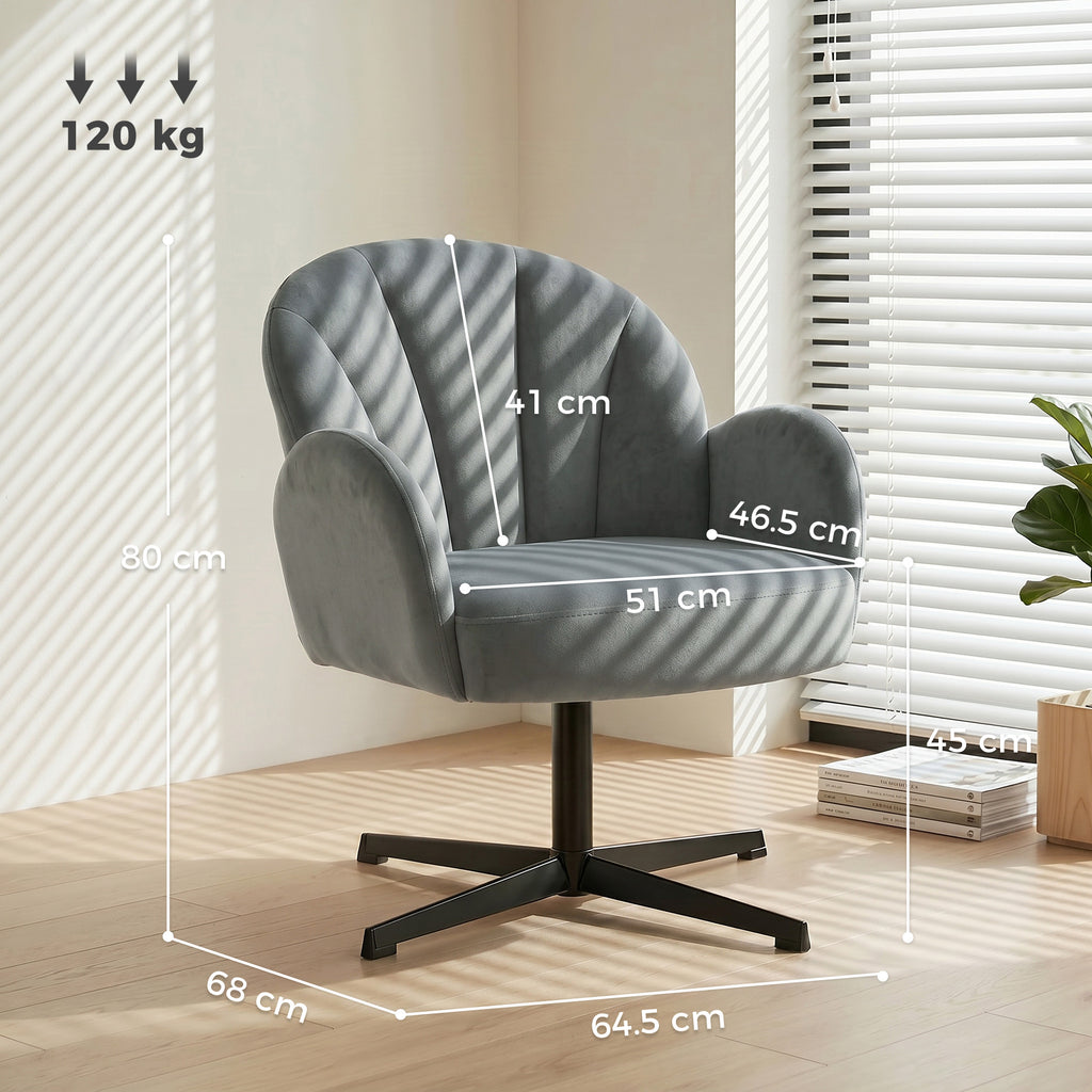 Swivel Accent Chair, Shell-Shaped Armchair with Spring Cushion, Metal Base, Grey