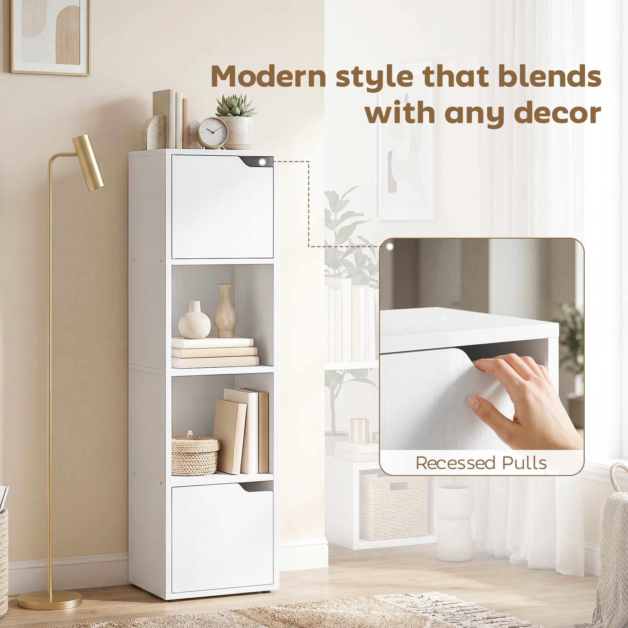Narrow Bookcase, 4-Tier Bookshelf, Storage Cabinet with doors for Living Room, Bedroom, White