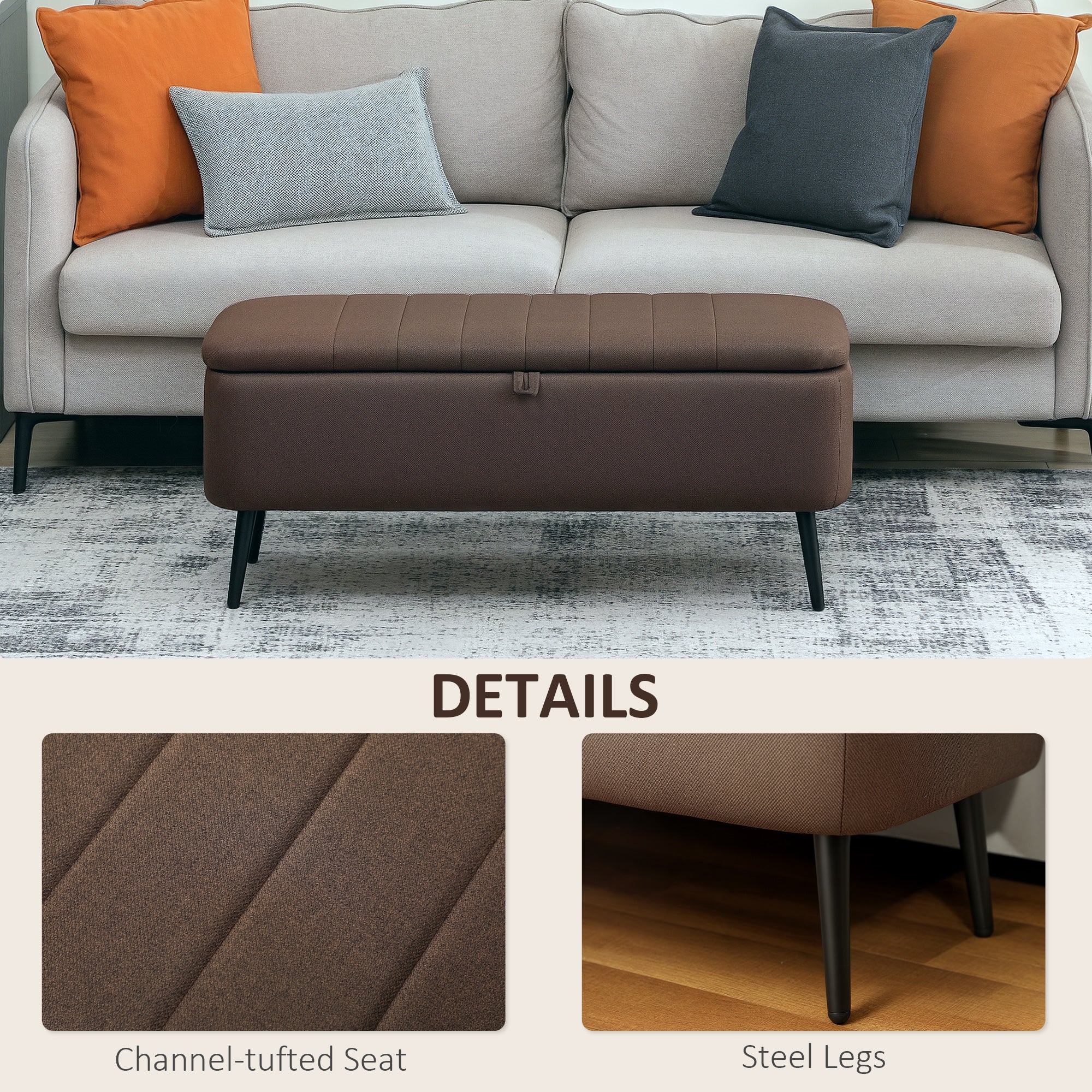 Linen-Look 92 x 31cm Storage Ottoman - Dark Brown