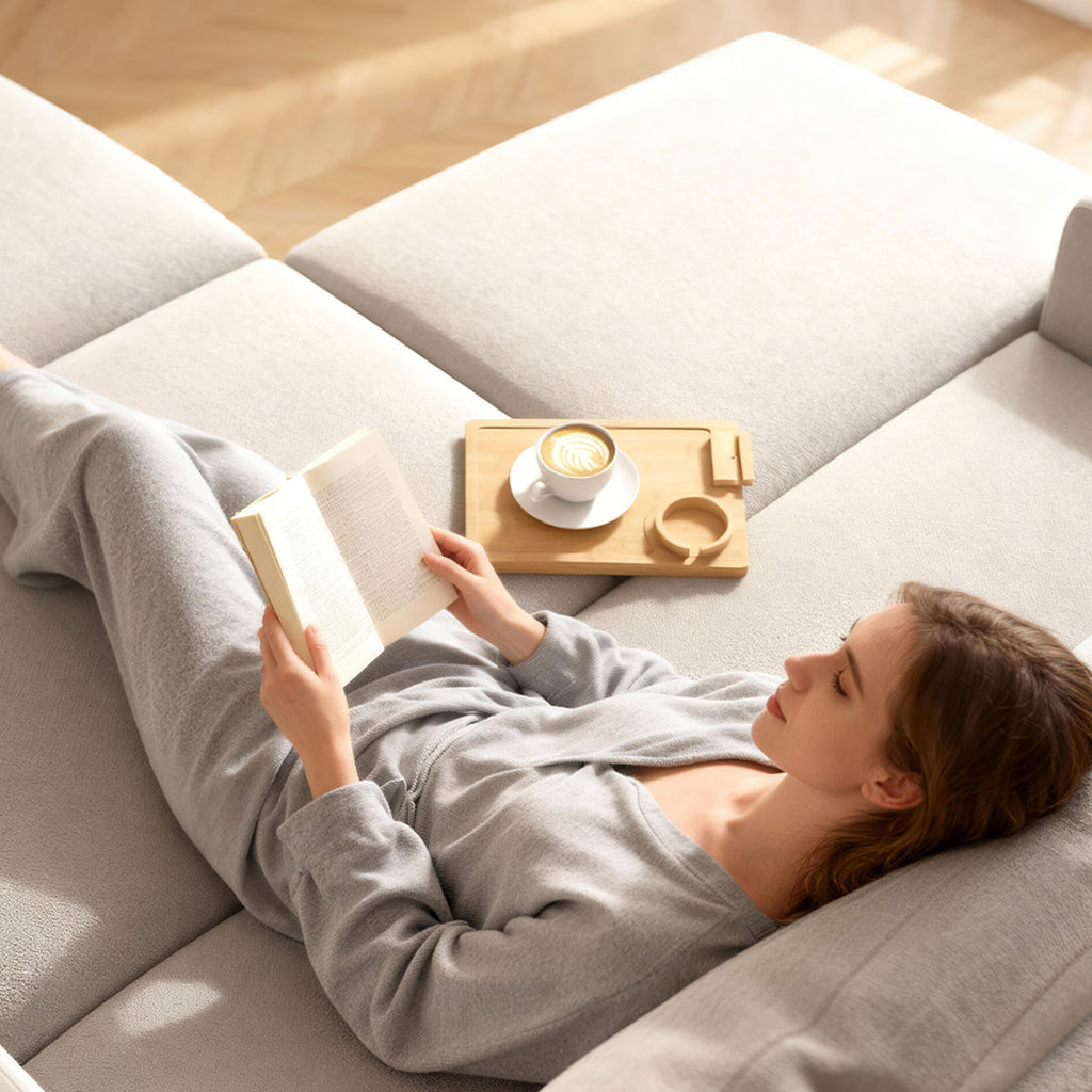 Anti-Slip Sofa Armrest Tray, Bamboo Sofa Arm Tray with 360Â° Phone Holder and Removable Cup Holder, Natural