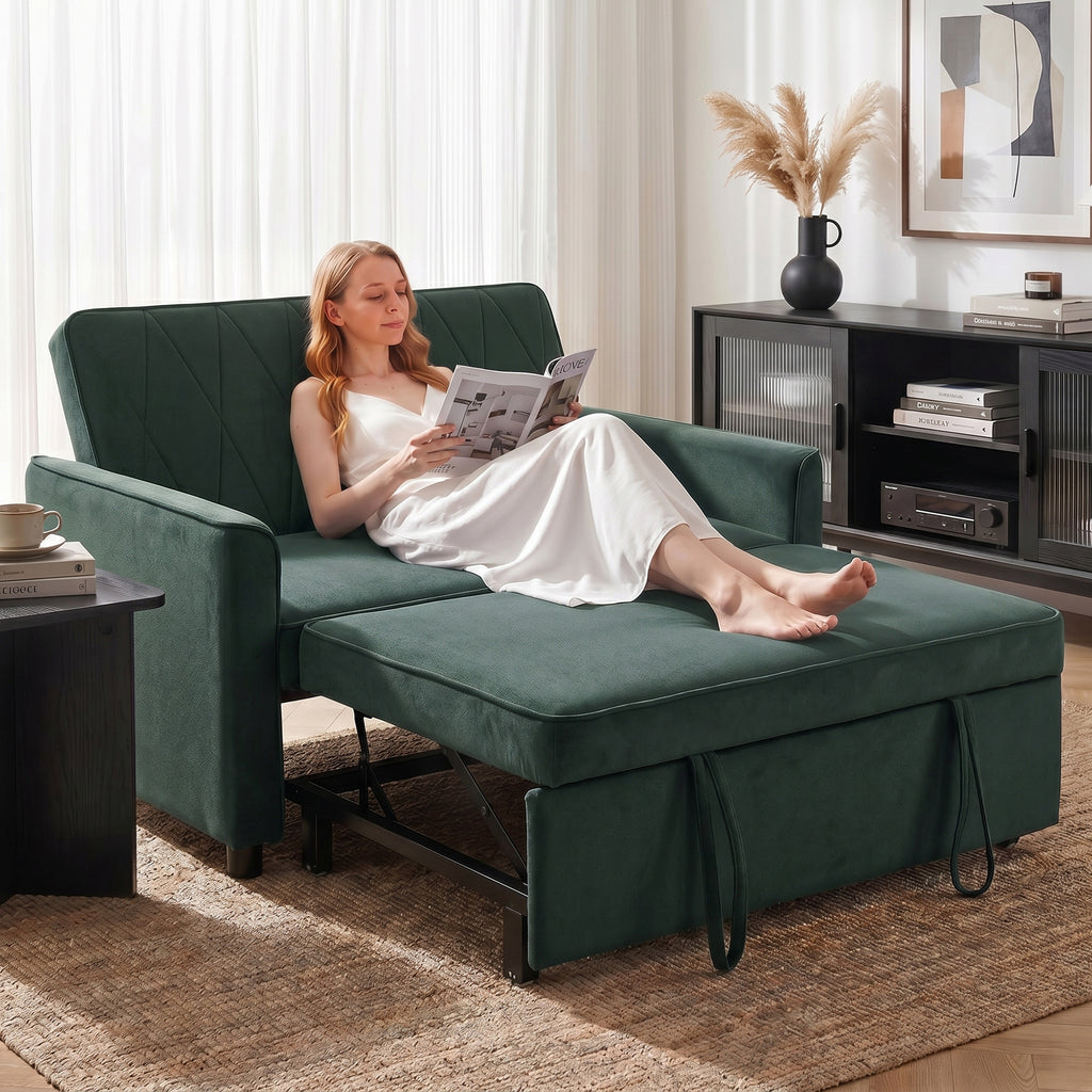 2 Seater Sofa Bed, 3-in-1 Convertible Pull Out Sleeper Sofa with Click-Clack Adjustable Backrest, Dark Green