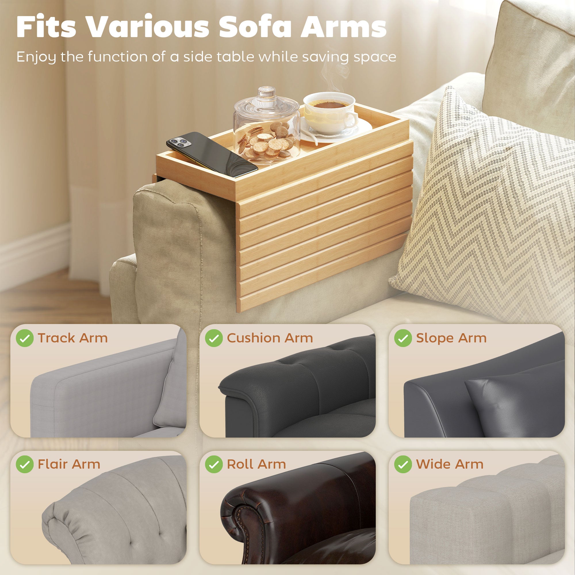 Bamboo Sofa Arm Tray, Foldable Anti-Slip Armrest Tray for Drinks and Snacks, Natural Wood Finish