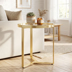 Round Side Table with Tempered Glass Top and Geometric Metal Frame for Small Space, Gold Tone