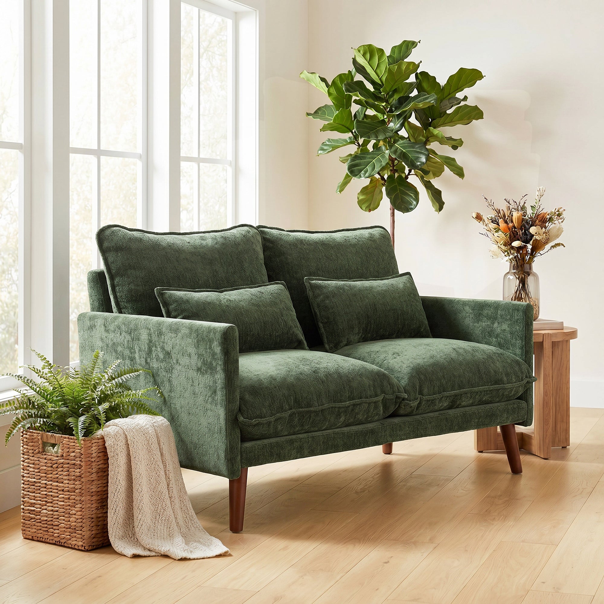 2 Seater Sofa, Loveseat Sofa with Spring Cushions, Wide and Deep Seat, Wood Legs, Green