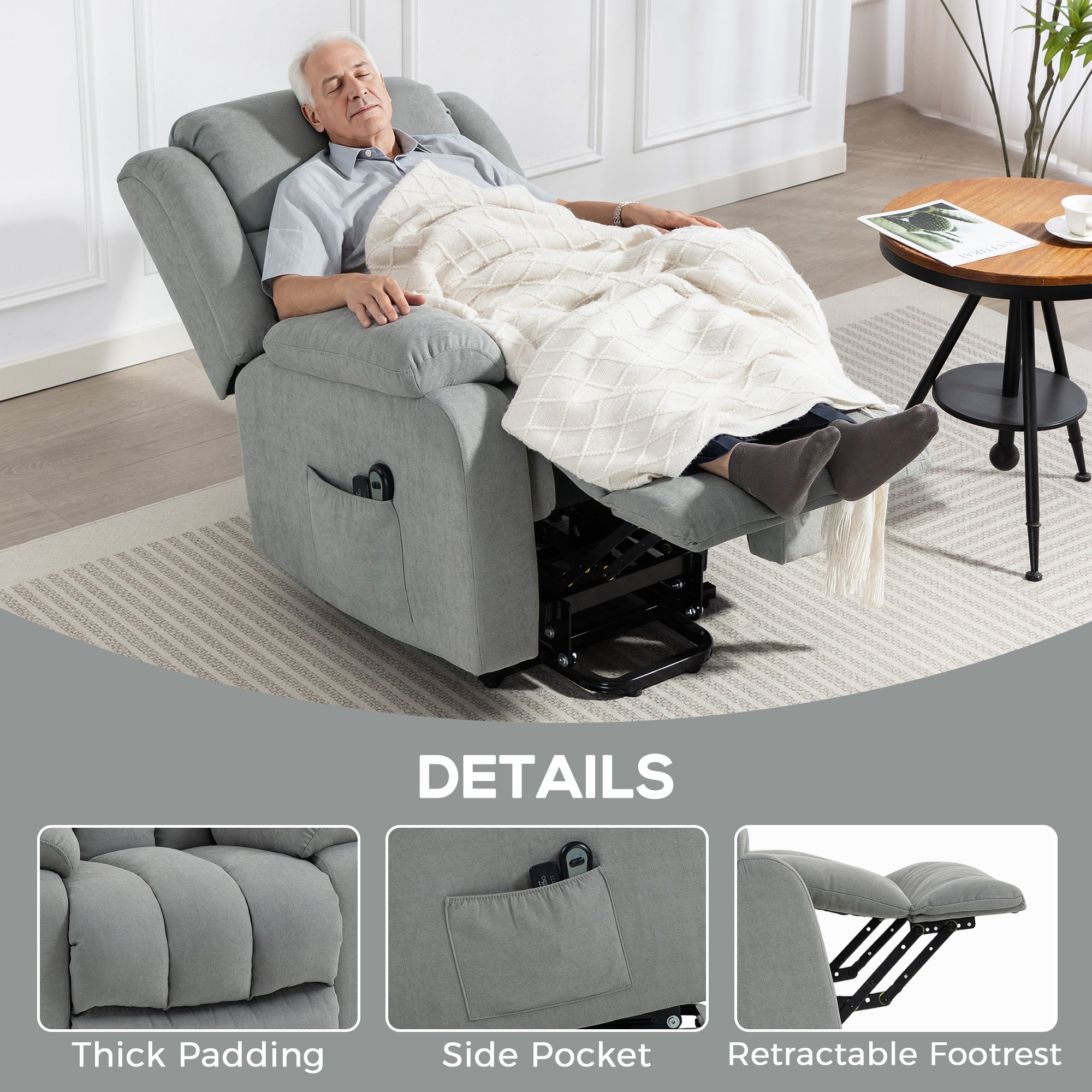 Power Lift Recliner Chair with Vibration Massage, Lift Chair for Elderly with Footrest, Remote, Side Pocket, Light Grey