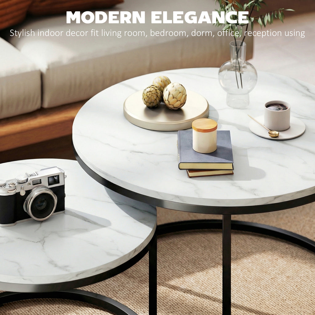 Set of Two Marble-Effect Stacking Tables - White