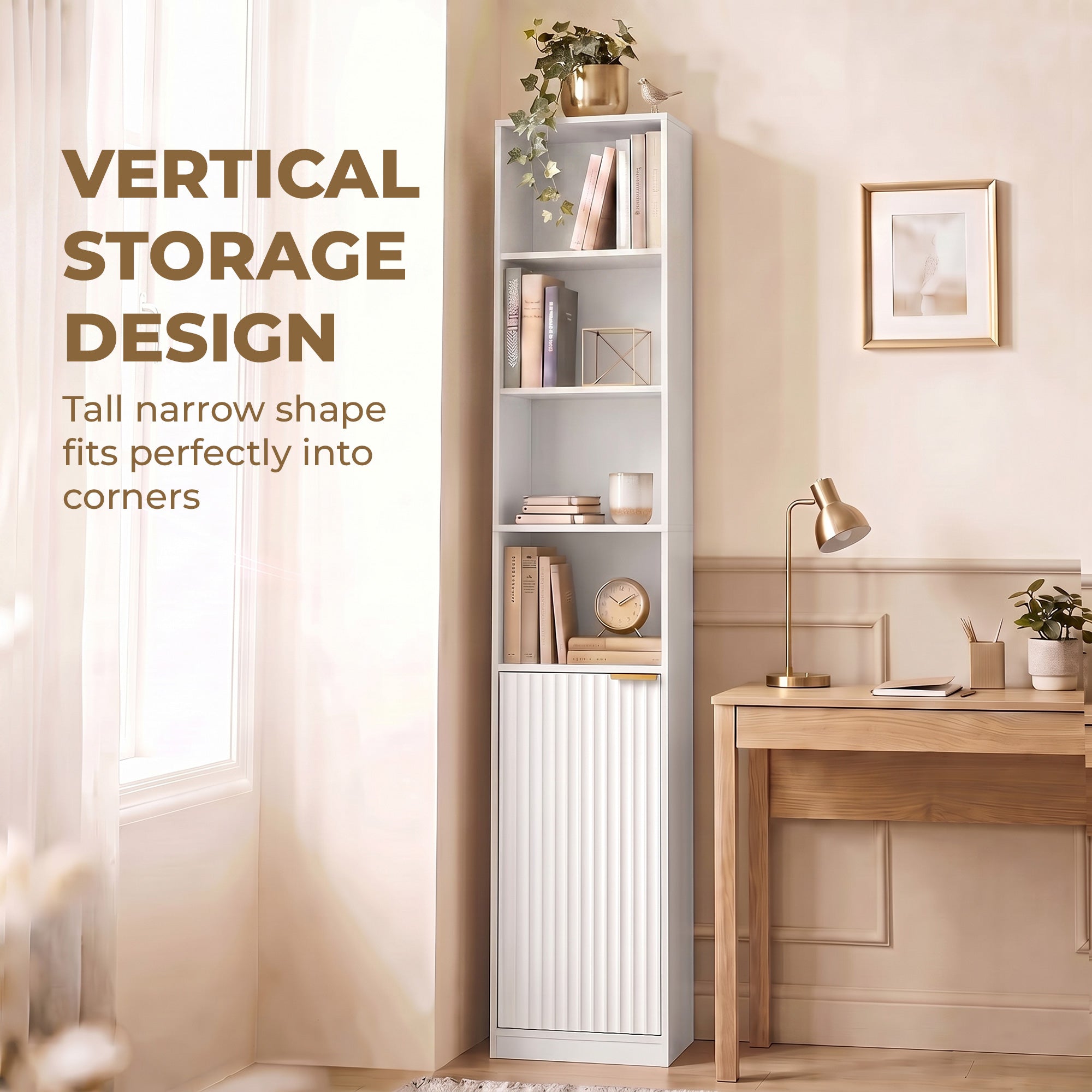 Bookcase Adjustable Shelf Bookshelf Anti-Tip Hardware 6-Tier Storage Cabinet White Wood Effect