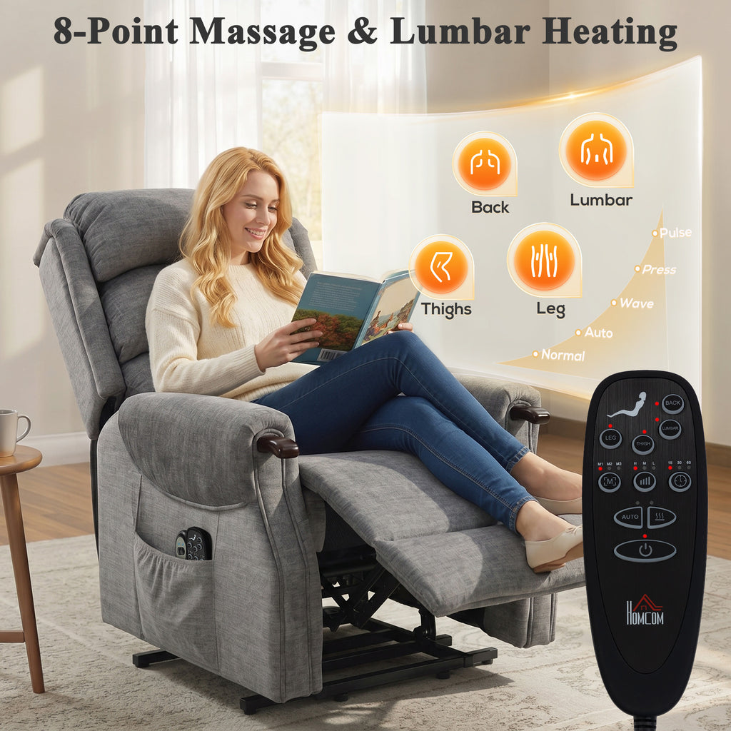 Power Lift Recliner with Vibration Massage and Heat, Lift Chair for Tall with Wood Grip, Pocket Spring, Light Grey