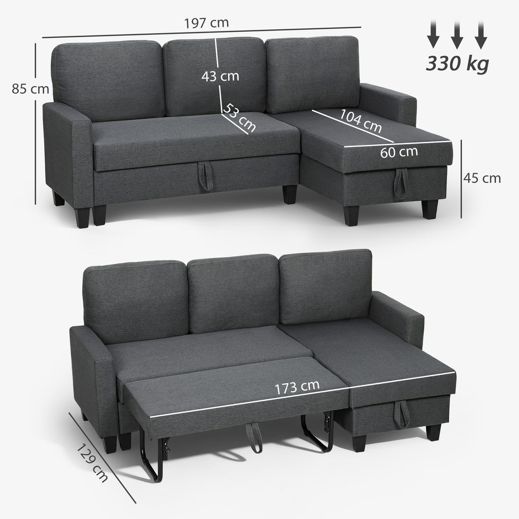 Three-Seater Storage Sofa Bed -  Charcoal Grey