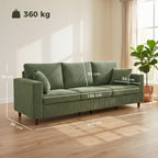 3 Seater Sofa with Wide Seat, Corduroy Fabric Couch with Deep Seat, Spring Cushion, Green