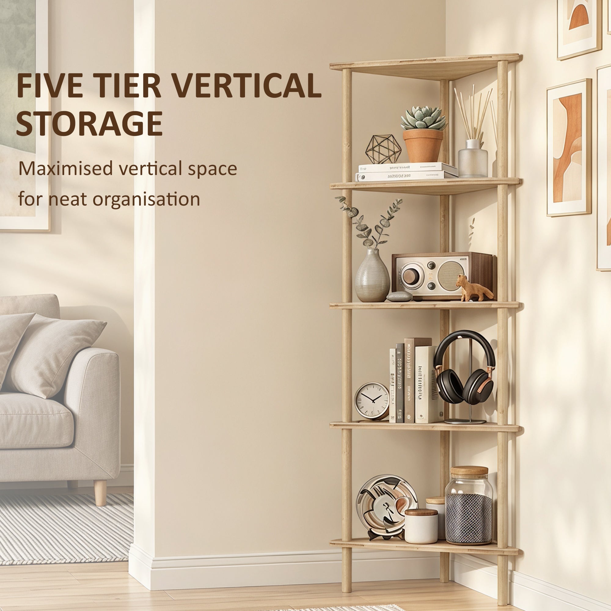 Bamboo Storage Shelf, 5-tier Corner Shelf, Freestanding Shelving Unit for Living Room, Home Office, Natural Wood Finish