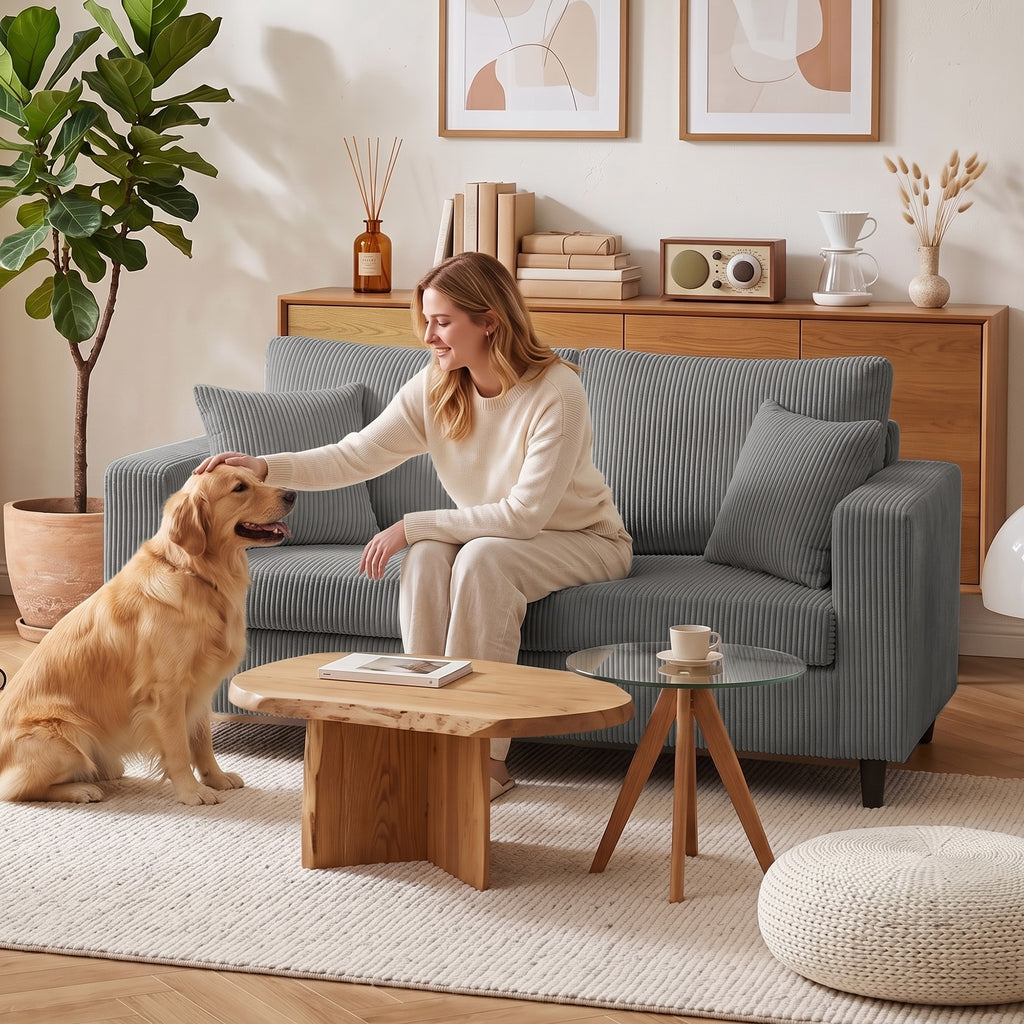 Loveseat Sofa with Wide Seat, Corduroy 2 Seater Couch with Deep Seat, Spring Cushion, Light Grey