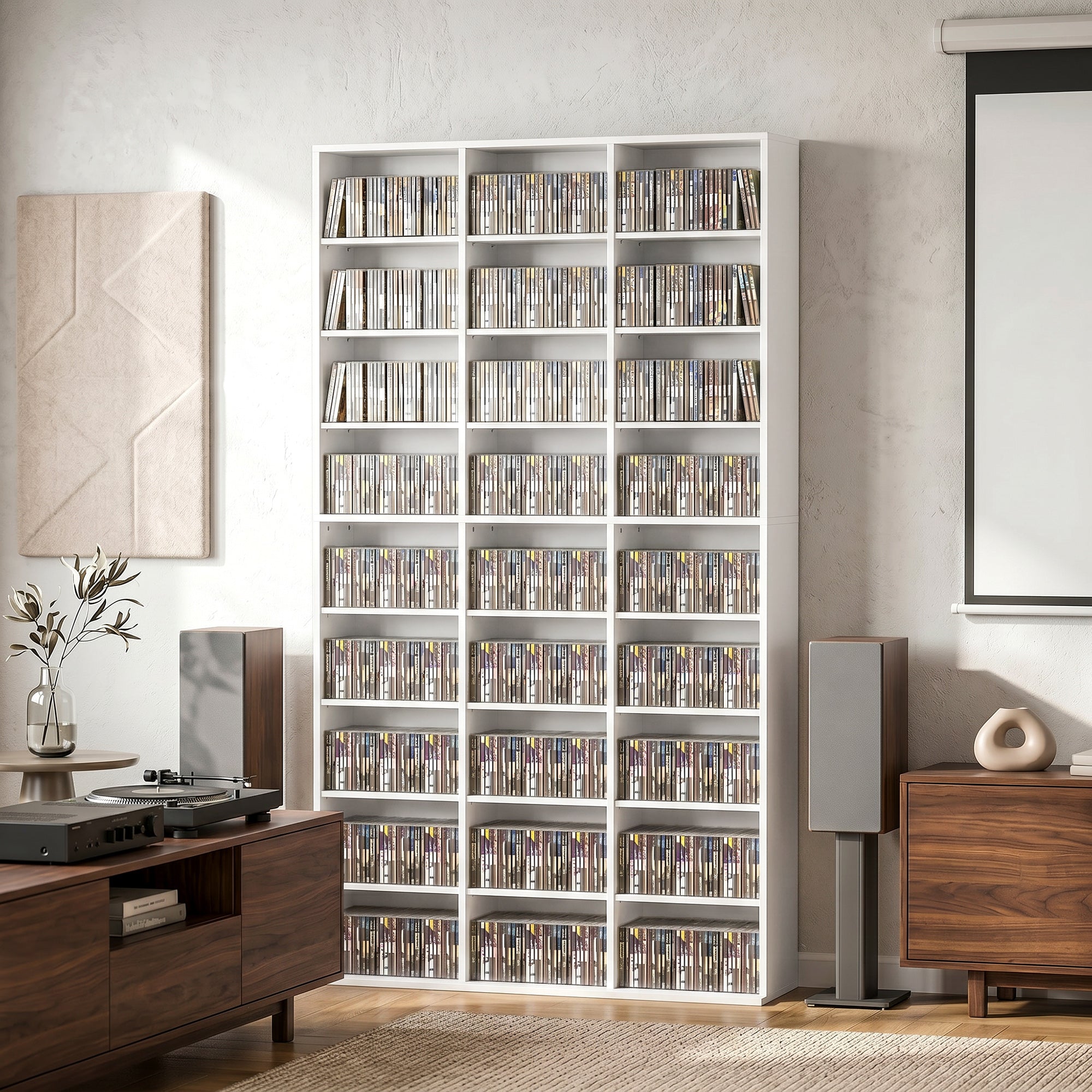 835 CD/500 DVD Storage Unit, Blu-ray Media Storage Shelf with 27 Compartments and 21 Adjustable Shelves, White