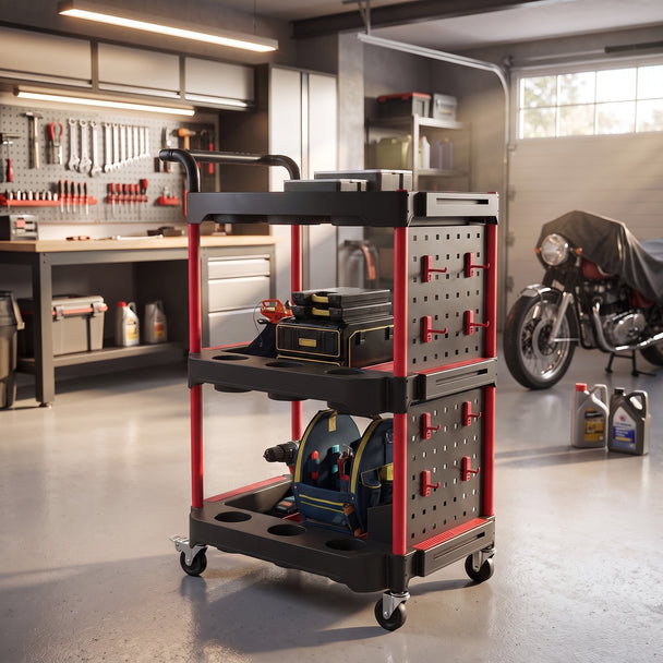 3-Tier Rolling Tool Trolley with Pegboard, Hooks & Brakes – Black/Red – image 2 of 9