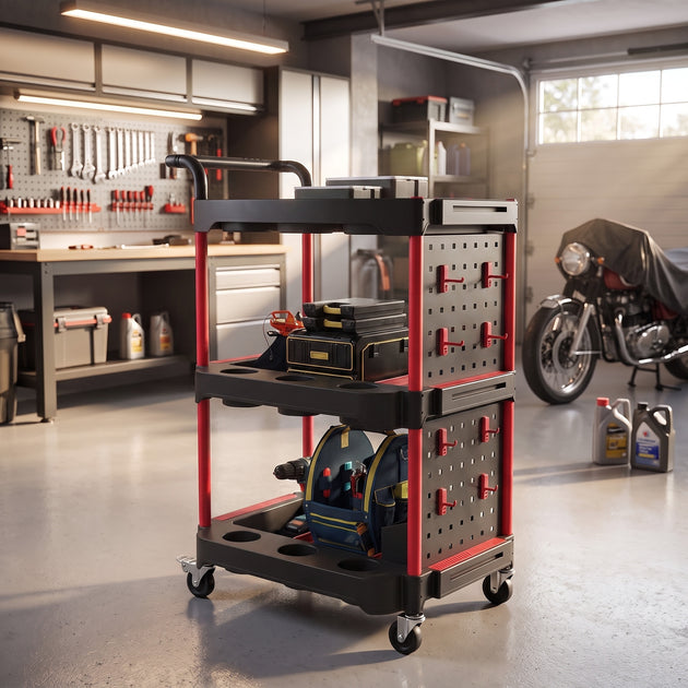 3-Tier Rolling Tool Trolley with Pegboard, Hooks & Brakes – Black/Red – image 2 of 9