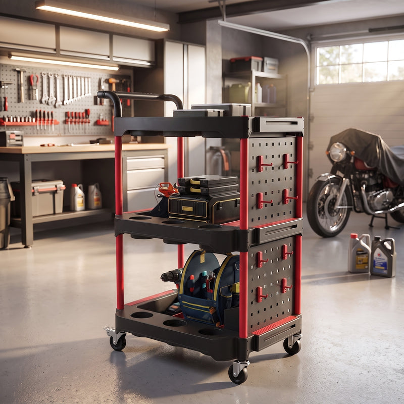 3-Tier Rolling Tool Trolley with Pegboard, Hooks & Brakes – Black/Red – image 2 of 9