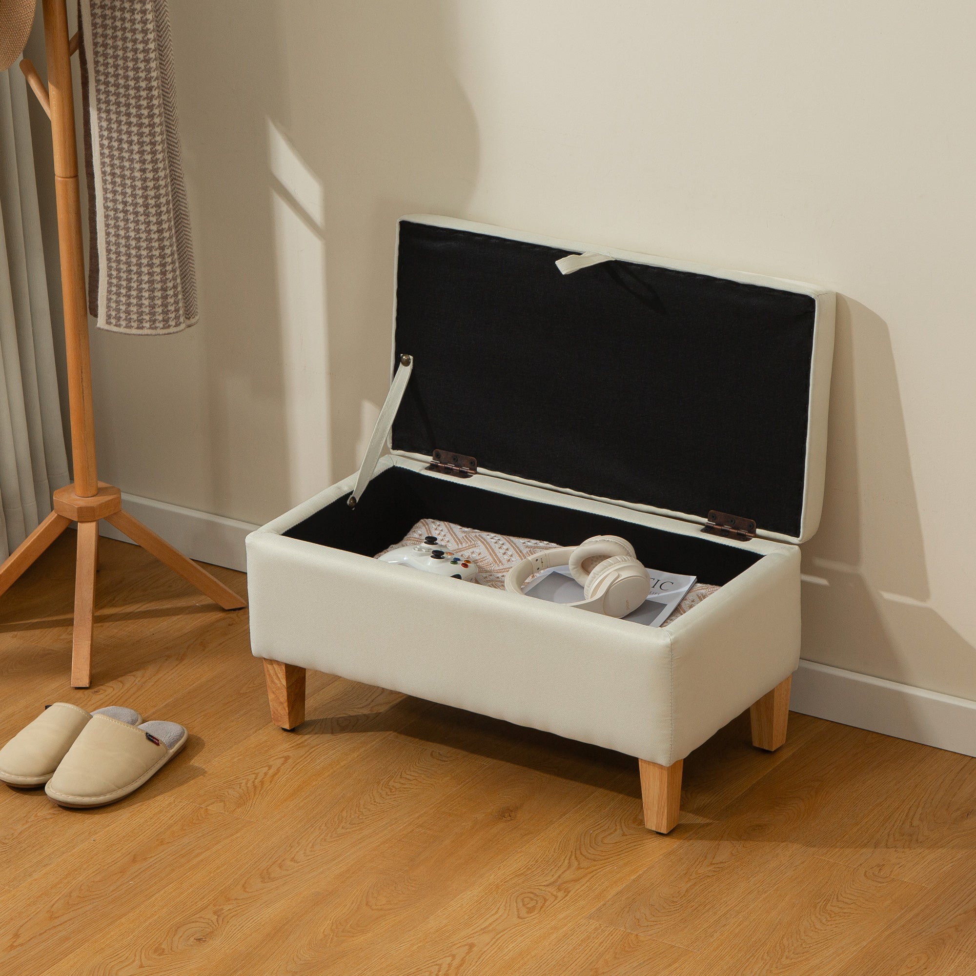 30L Linen Storage Ottoman Padded Footstool with Rubberwood Legs for Storage Box, Bed End, Shoe Bench, Seating, Beige