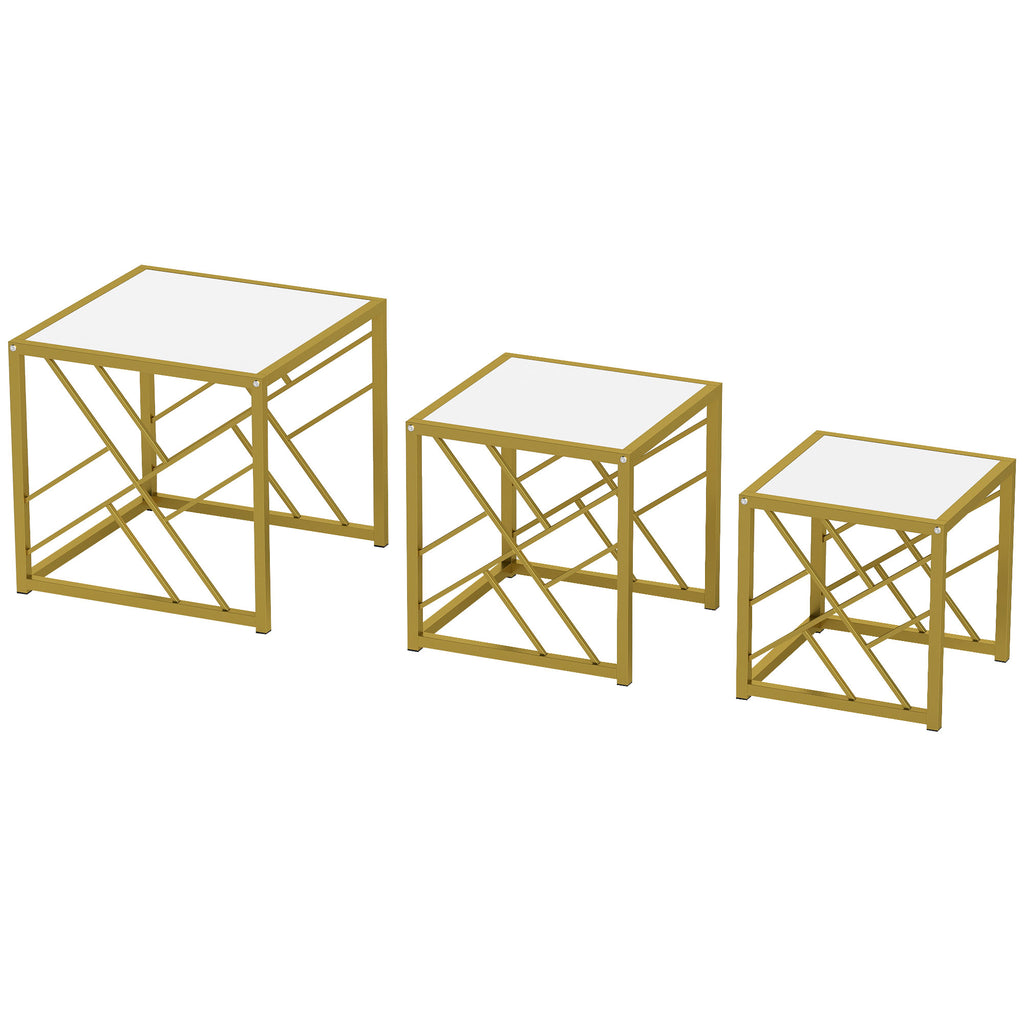 Nesting Coffee Tables, Set of 3 Square Side Tables with Gold Metal Frame, for Living Room, Bedroom and Office, White