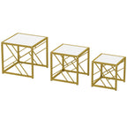 Nesting Coffee Tables, Set of 3 Square Side Tables with Gold Metal Frame, for Living Room, Bedroom and Office, White