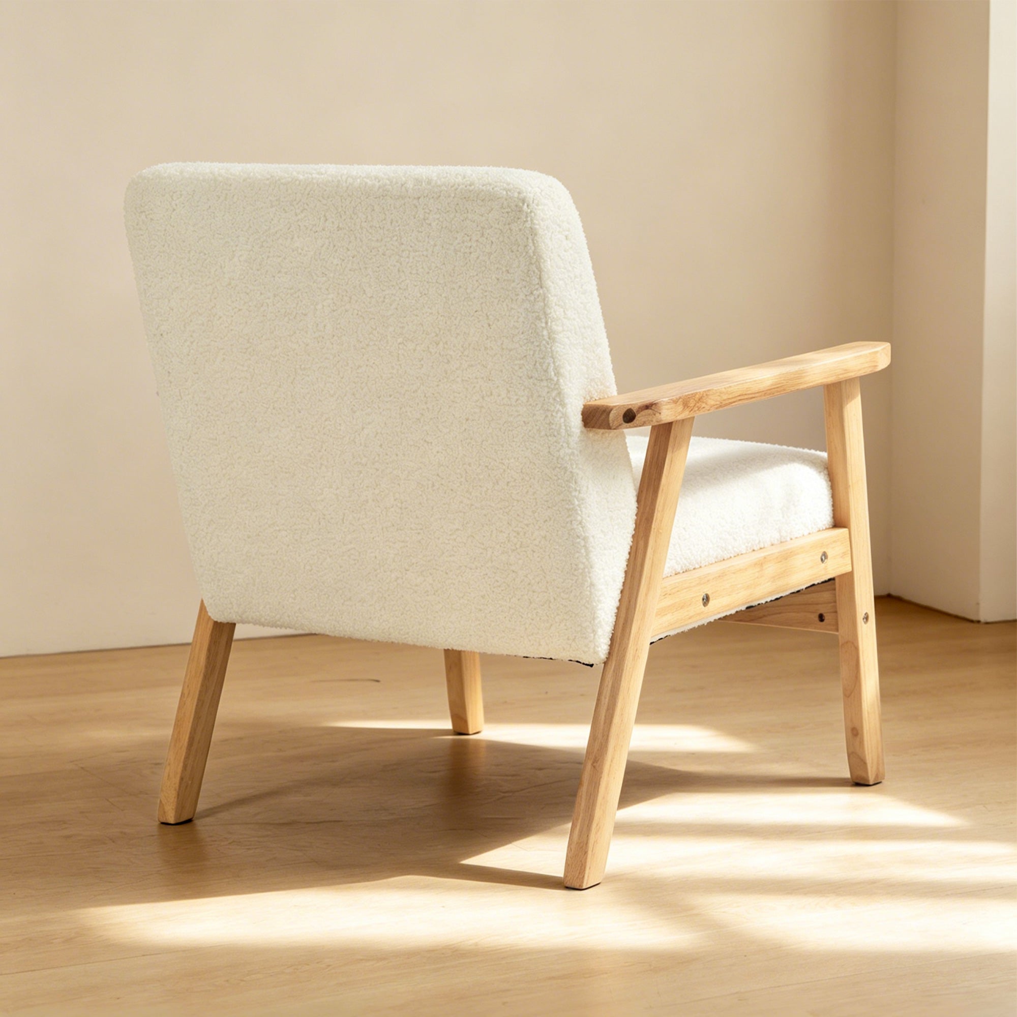 Modern Armchair, Sherpa Fleece Upholstered Accent Chair with Solid Wood Legs and Wide Seat, Cream White